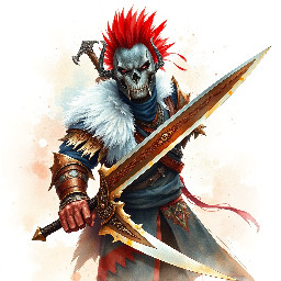 Guild Wars 2 art style male Charr Revenant armour with greatsword, white fur,  black hair with red mohawk 1080p wide screen wallpaper painterly, impressionistic, and high-fantasy digital art style