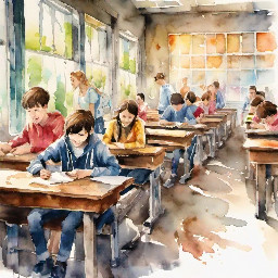 Create a luminous AI watercolor painting of classroom with hustle bustle of teenagers 13 to 14 on  wooden benches 4 rows 2 coloumn 3rd bench featuring a boy asking for waterbottle while she was giving her bottle another guy interrupted giving his bottle to him wet-on-wet , translucent color washes, visible paper texture, and expressive loose brushwork.