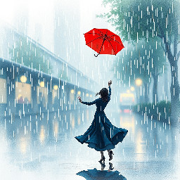 woman dancing on the rain with red umbrella