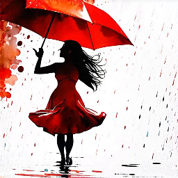 woman dancing on the rain with red umbrella