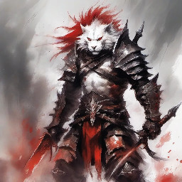 Guild Wars 2 art style male Charr Revenant armour with greatsword, white fur,  black hair with red mohawk 1080p wide screen wallpaper painterly, impressionistic, and high-fantasy digital art style