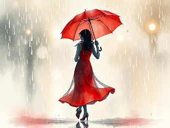 woman dancing on the rain with red umbrella