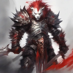 Guild Wars 2 art style male Charr Revenant armour with greatsword, white fur,  black hair with red mohawk 1080p wide screen wallpaper painterly, impressionistic, and high-fantasy digital art style