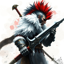 Guild Wars 2 art style male Charr Revenant armour with greatsword, white fur,  black hair with red mohawk 1080p wide screen wallpaper painterly, impressionistic, and high-fantasy digital art style